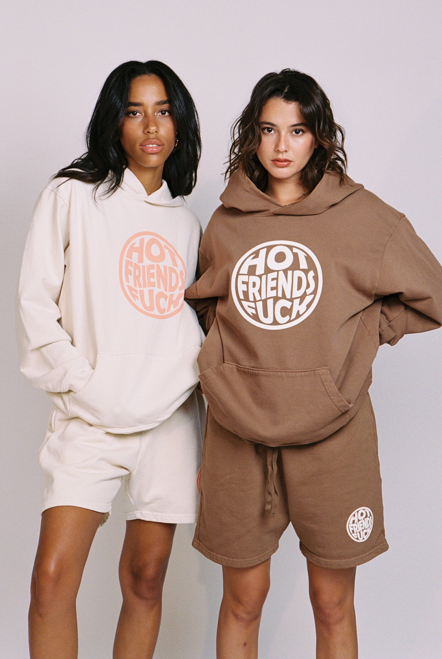 Maddie is wearing the Cream and Salmon pink Hoodie, and Sierra is wearing the Brown and white Hoodie. Both are 20oz French Terry fabric which is one of the best quality fabrics you can get!