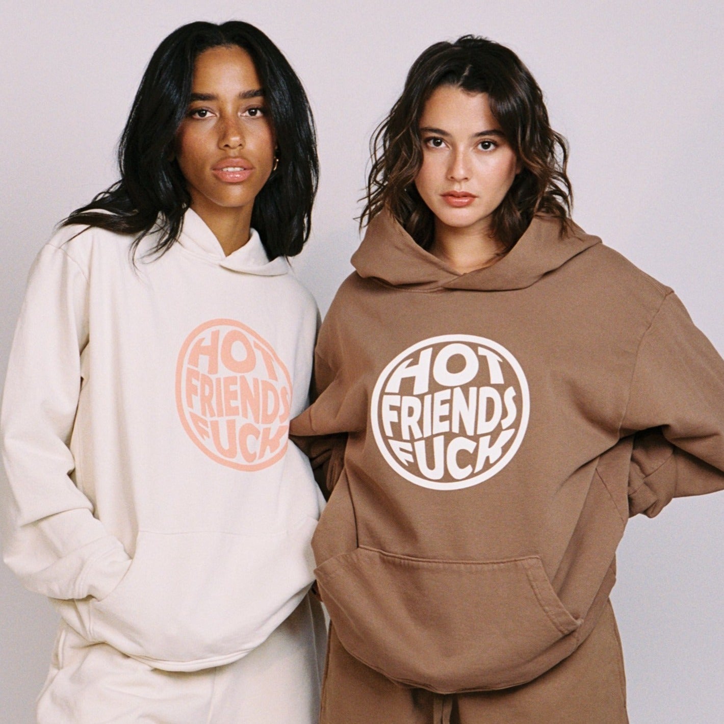 Maddie is wearing the Cream and Salmon pink Hoodie, and Sierra is wearing the Brown and white Hoodie. Both are 20oz French Terry fabric which is one of the best quality fabrics you can get!
