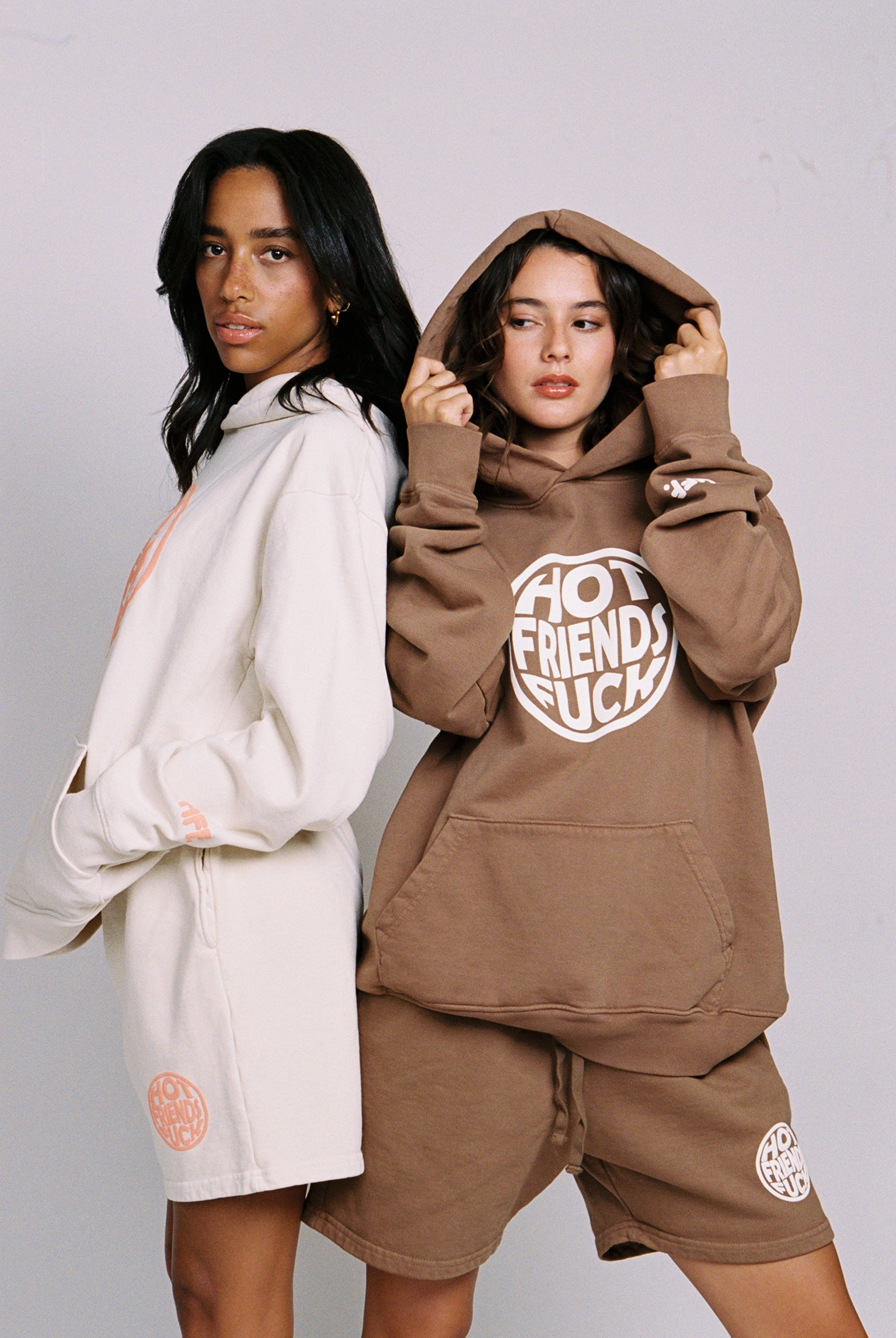 Maddie is wearing the Cream and Salmon pink Hoodie, and Sierra is wearing the Brown and white Hoodie. Both are 20oz French Terry fabric which is one of the best quality fabrics you can get!