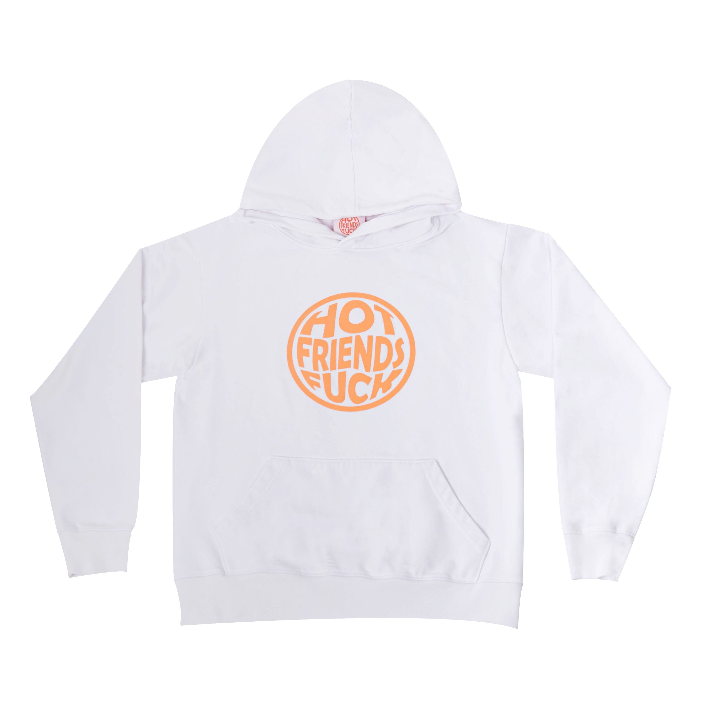 White Hoodie with Salmon Pink Puff Print. 20oz French Terry