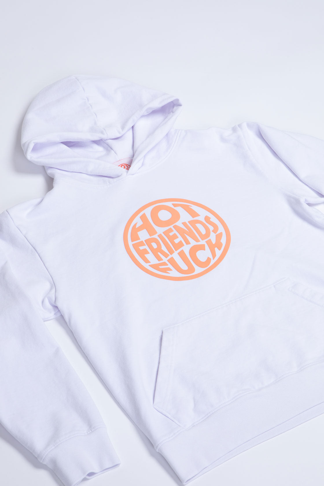 White Hoodie with Salmon Pink Puff Print. 20oz French Terry
