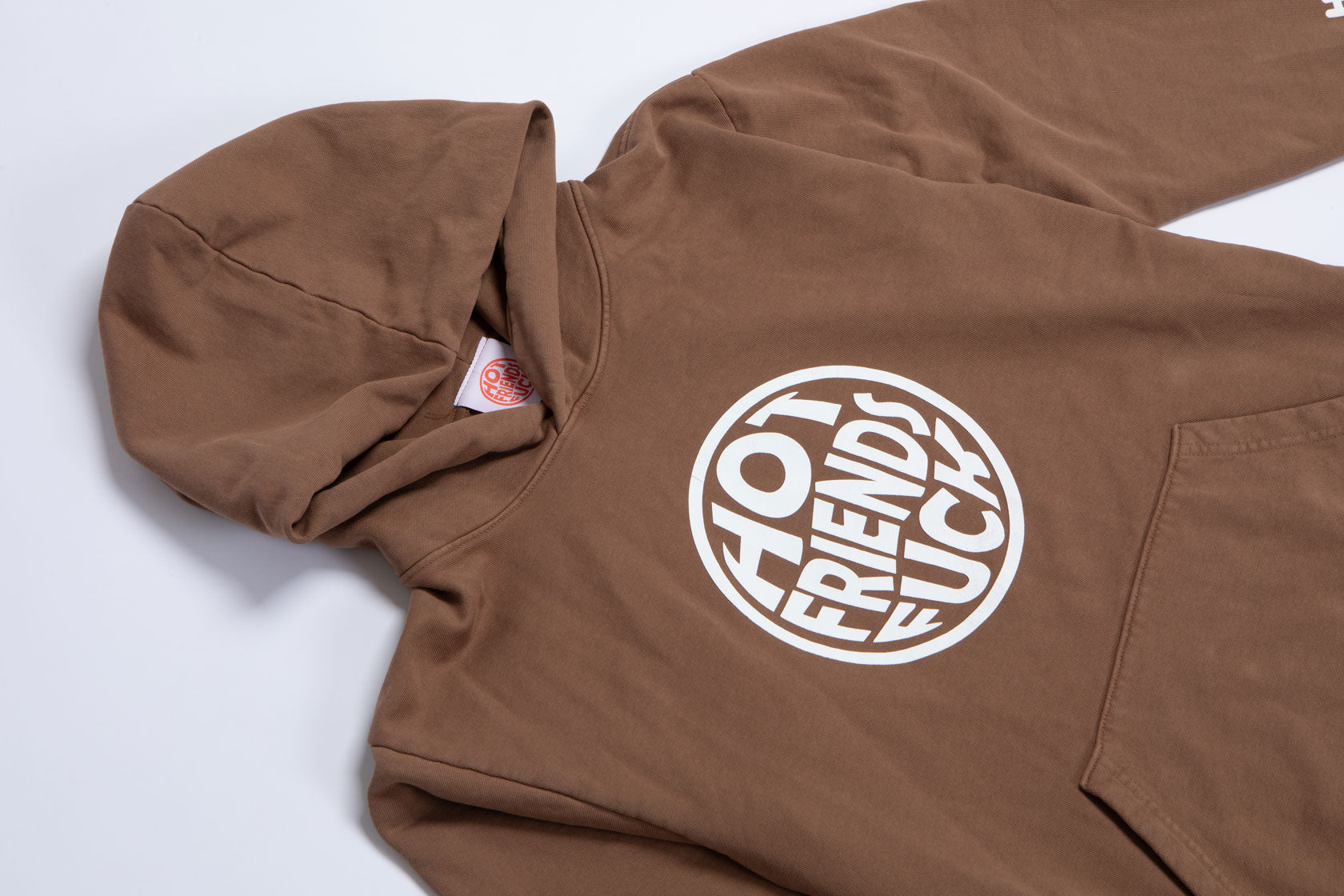 Brown Hoodie with White Puff Print. 20oz French Terry