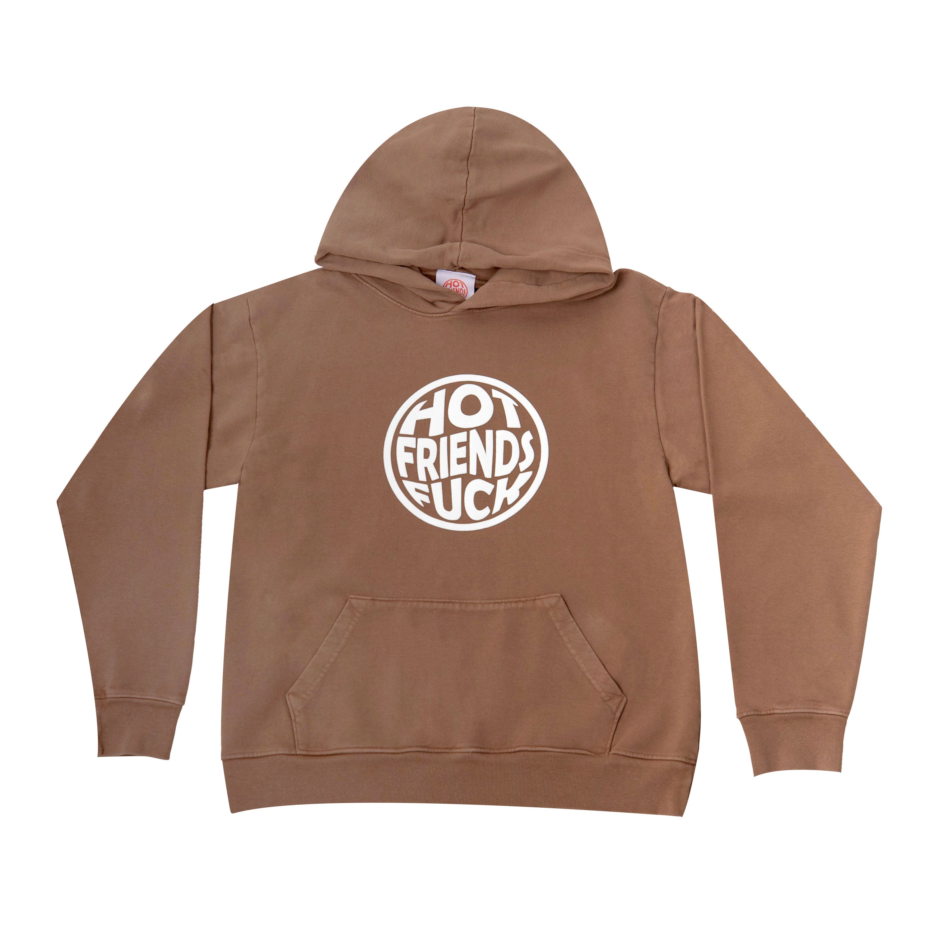 Brown Hoodie with white puff print. 20oz French Terry