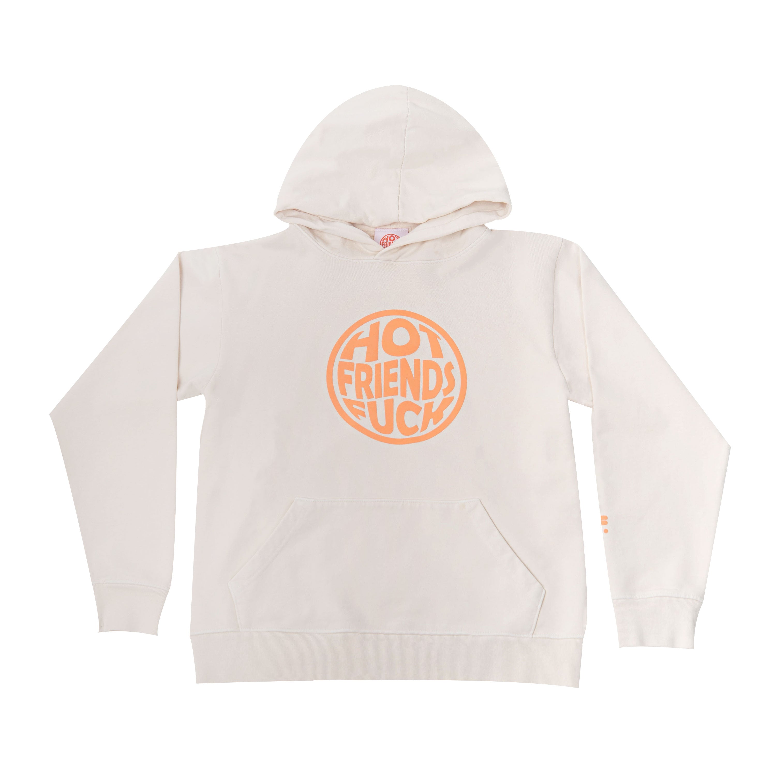 Cream Hoodie with Salmon Pink Puff Print. 20oz French Terry